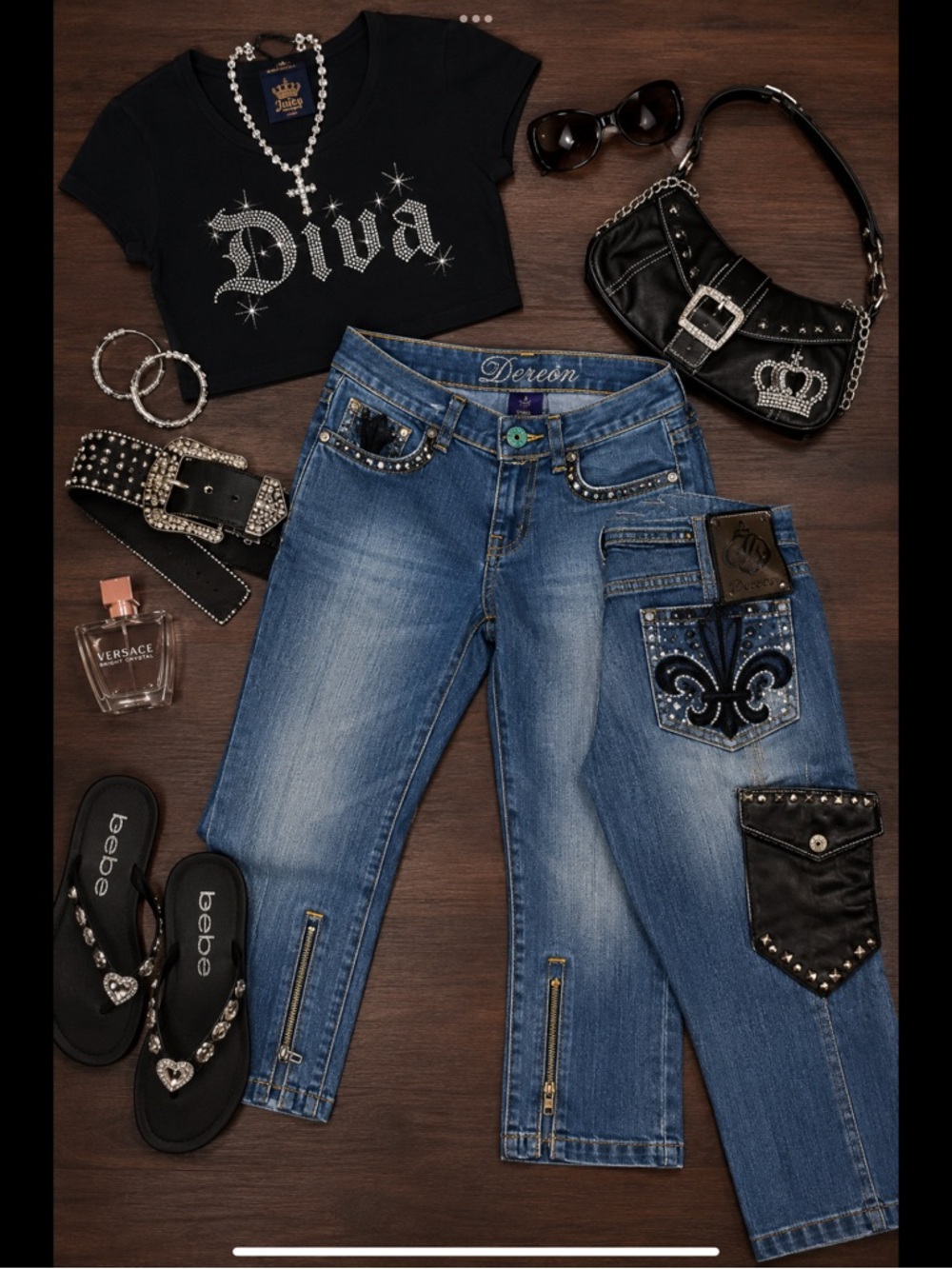 Y2K McBling Capri Jeans Studded Leather Pocket House of Deréon 14W - Picture 12 of 13